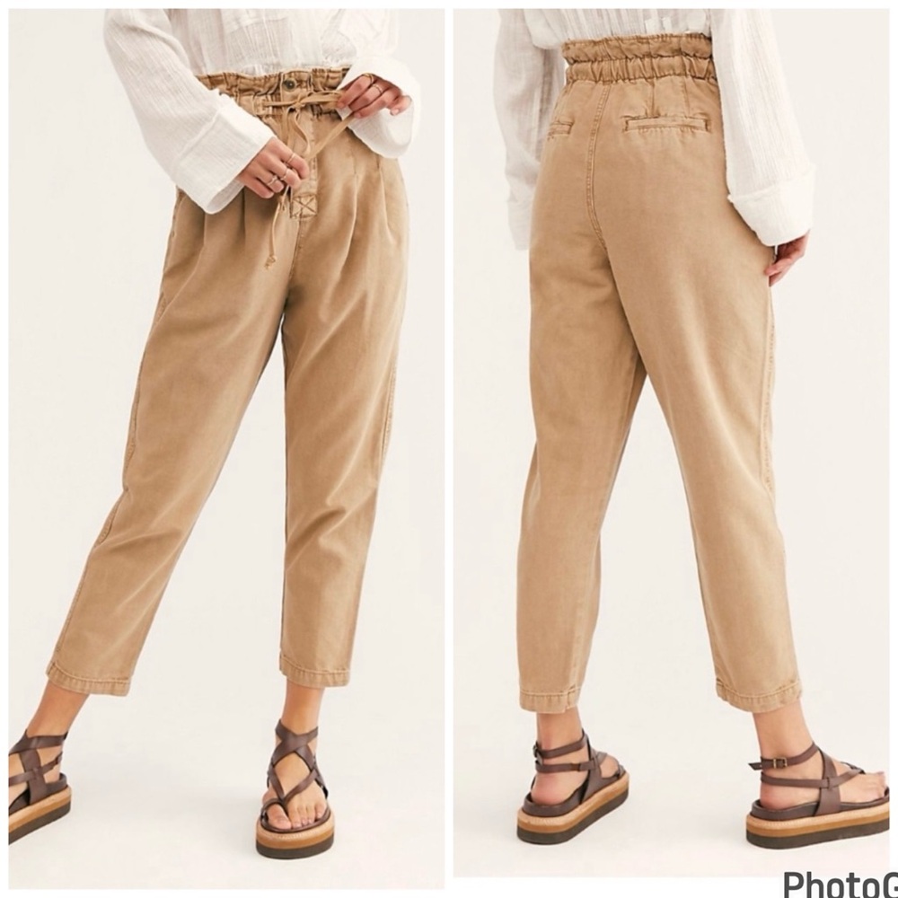 High-Waist Paperbag Tapered Pants - Tan